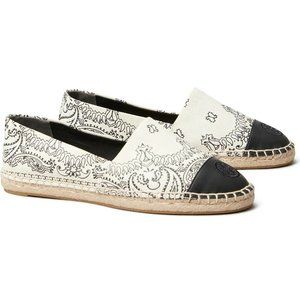 ❤️ NIB Tory Burch Espadrille Flat Americana Bandana BLACK IVORY US 8.5 AUTHENTIC